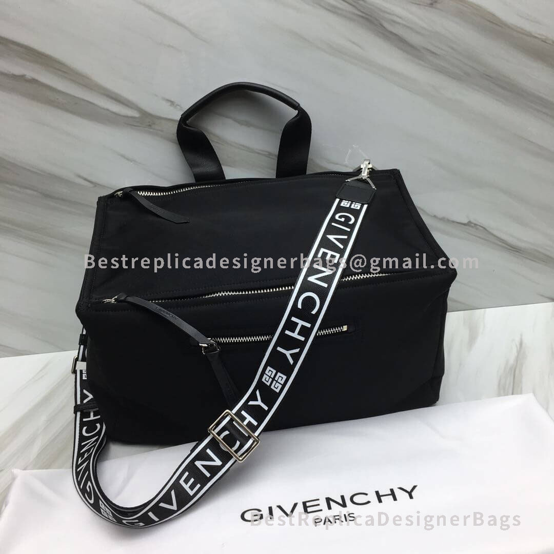 Givenchy Medium Pandora Bag Black In Nylon With 4G White Edge Strap SHW 29985
